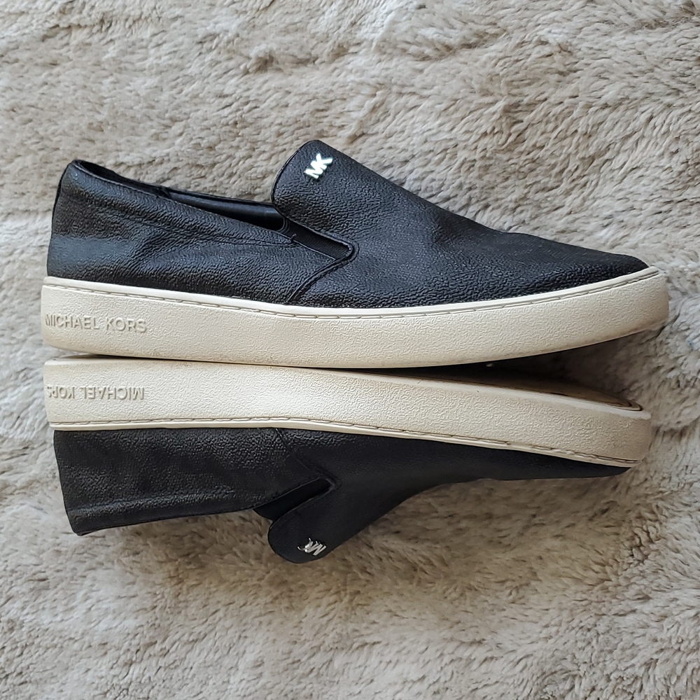 Michael Kors Keaton Black Slip-On Silver Mini Mk Logo Coated Canvas/Nappa Size 8 - Picture 5 of 6